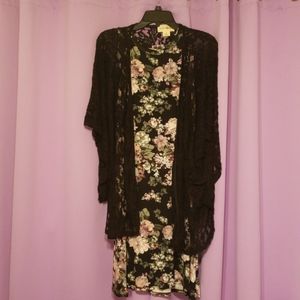 NWOT Floral print dress with black lace cardigan